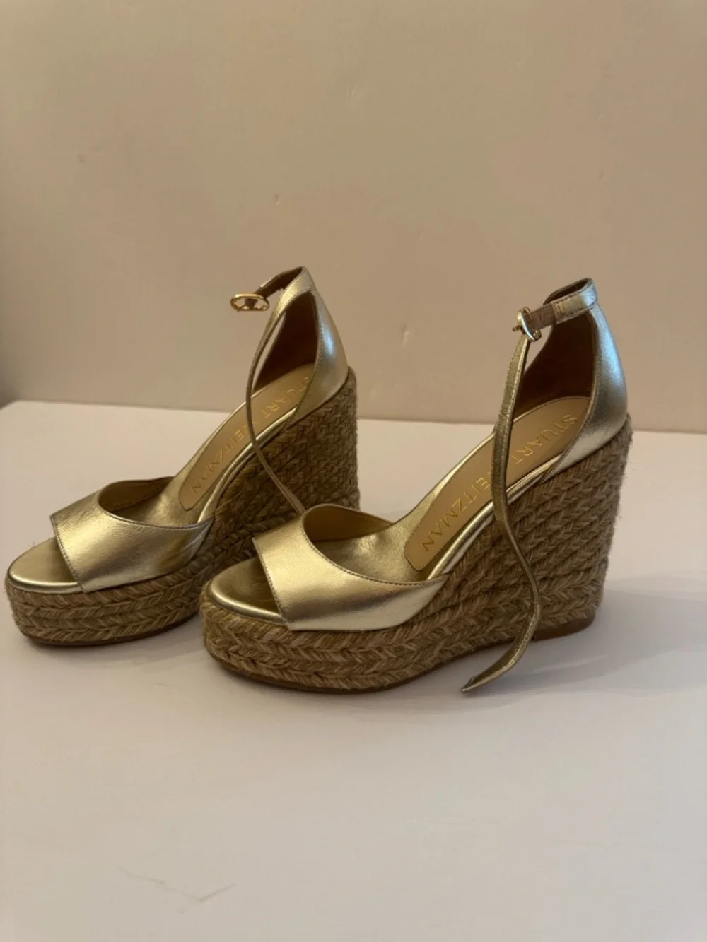 Stuart Weitzman Nudistcurve Metallic Gold Espadrille Wedge Sandals w/Ankle Strap - Picture 8 of 16
